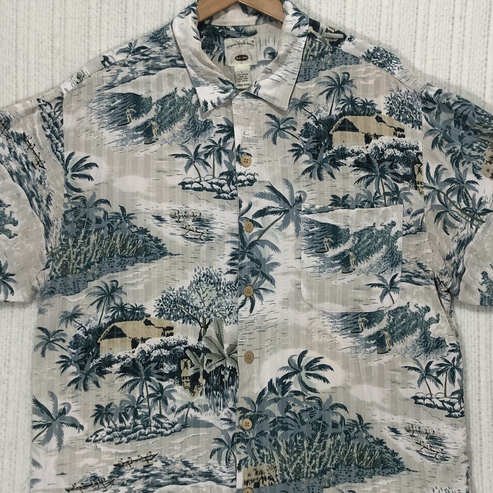 Original Island Sport Mens Large Rayon Tropical Palm Tree Scenic Button Up Shirt